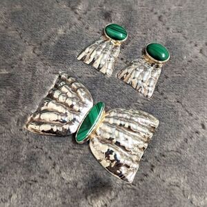Vintage 70's Sterling Silver & Malachite Brooche w/ Earrings (plz read descrp)